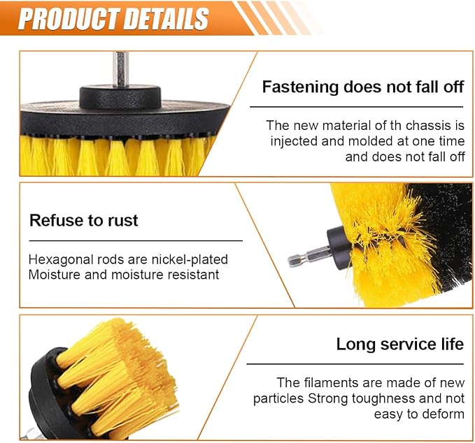 3PCS Car Detailing Drill Brush Set, Car Interior Power Scrubber Brush, Wheel Cleaner Drill Brush, Car Wash Cleaning Kit for Floor, Grout, Car Mats, Tub, Tile, Bathroom, Carpet (Yellow)