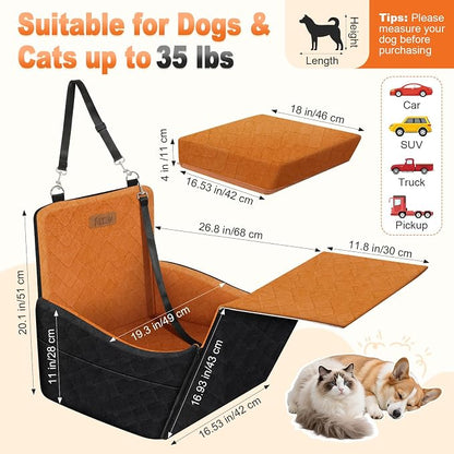 Elevated Dog Car Seat, Dog Booster Car Seats for Small & Medium Breeds Up to 35lbs, Fully Detachable and Washable, Soft Foam Pet Carseat with 2 Storage Pockets & 3 Safety Belts, Black + Brown
