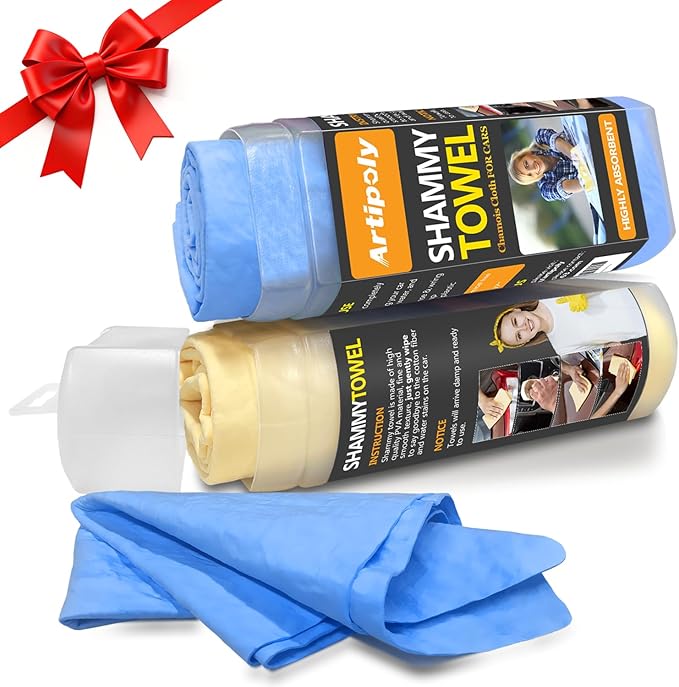 ARTIPOLY Premium Shammy Towel for Car Drying 2pk (26”x17”)-Super Absorbent Chamois Towel-Reusable shamies Towels for Cars, Bathroom,Pets, Dust Remove, No Spots/Streak/Scratch, Large, Yellow&Blue