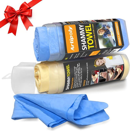 ARTIPOLY Premium Shammy Towel for Car Drying 2pk (26”x17”)-Super Absorbent Chamois Towel-Reusable shamies Towels for Cars, Bathroom,Pets, Dust Remove, No Spots/Streak/Scratch, Large, Yellow&Blue