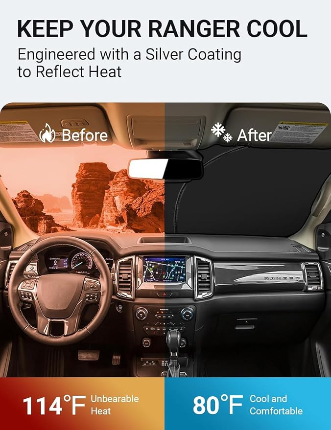Proadsy 2026 Upgrade Front Windshield Sun Shade Foldable Sunshade Protector Custom Fit 2019-2023 Ford Ranger XL XLT Lariat Accessories