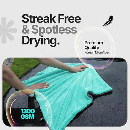 Crystal Clean 1300GSM Microfiber Towels for Cars – XL Drying Towel with Double Twisted Loop, Professional Detailing Towel Car Detailers - Quick Dry, Paint Safe & Swirl-Free (2 Pack Green)