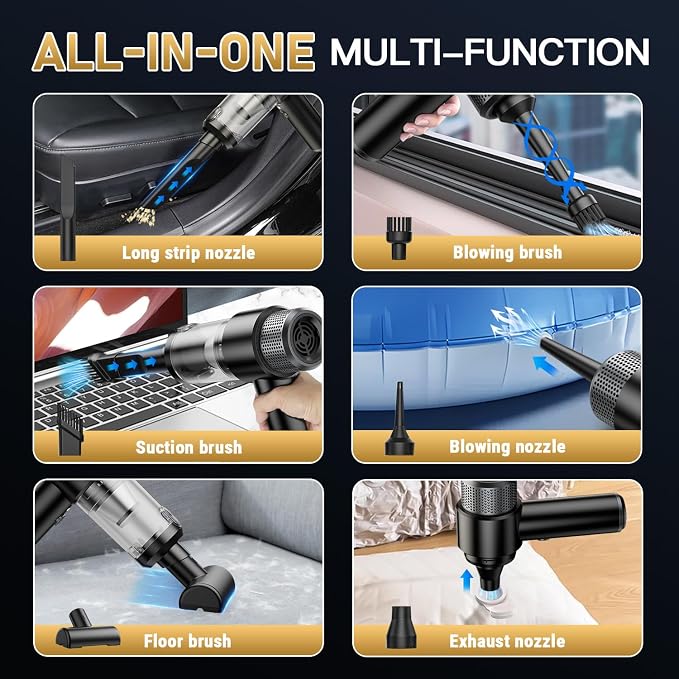 Handheld Car Vacuum Cleaner, 16000PA Car Vacuum Portable Cordless,4 in 1 Air Duster and Vacuum Cleaner with LED Light，Dual Filters, High Power Handheld Used for Home, Pet, Office
