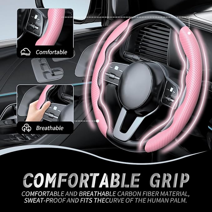 WOCOCN 2pcs Car Steering Wheel Cover,Anti-Skid Carbon Fiber Steering Wheel Protector for Men Women,Multiple Color Options,Universal for Most Car Interiors Accessories (Pink)