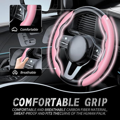 WOCOCN 2pcs Car Steering Wheel Cover,Anti-Skid Carbon Fiber Steering Wheel Protector for Men Women,Multiple Color Options,Universal for Most Car Interiors Accessories (Pink)