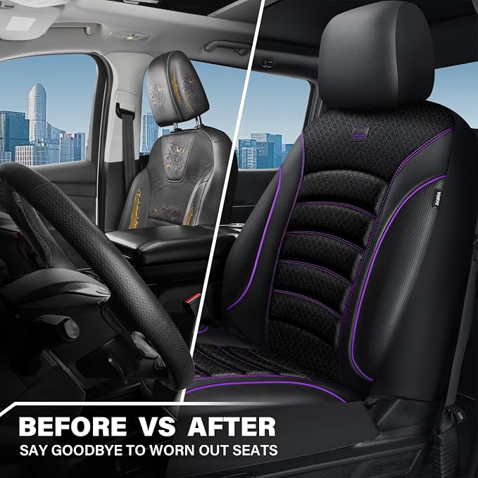 CAR PASS Comfortable 3D Foam Mesh Leather Car Seat Covers Front, Air Cool Mesh Breathable Front Seat Covers for Car, Universal for SUV Truck Sedan Automotive, Airbag Compatible,Black Purple