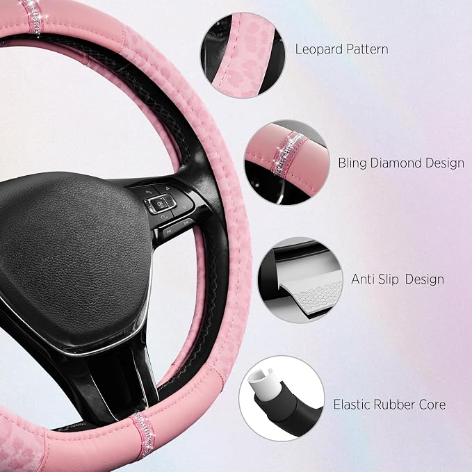 Road Comforts Leopard Steering Wheel Cover for Women, Cute Anti-Slip Microfiber Leather, Fits D Shape Flat Bottom Steering Wheel 14.5-15 Inch - Pink and Pink Leapoard