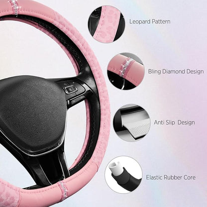 Road Comforts Leopard Steering Wheel Cover for Women, Cute Anti-Slip Microfiber Leather, Fits D Shape Flat Bottom Steering Wheel 14.5-15 Inch - Pink and Pink Leapoard