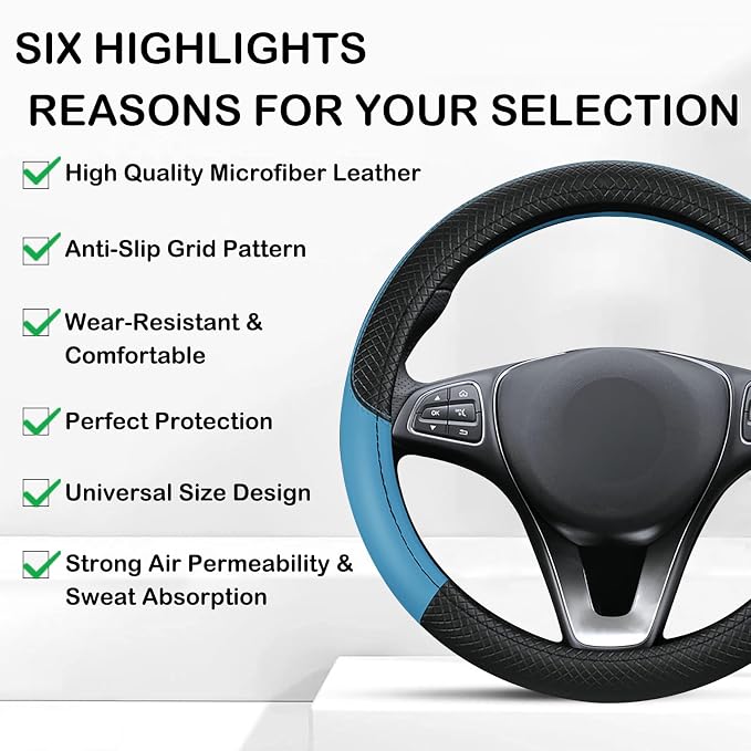 Leather Patchwork Black Blue Steering Wheel Cover, 14.5-15 Inch Non-Slip Breathable Microfiber Car Steering Wheel Protector