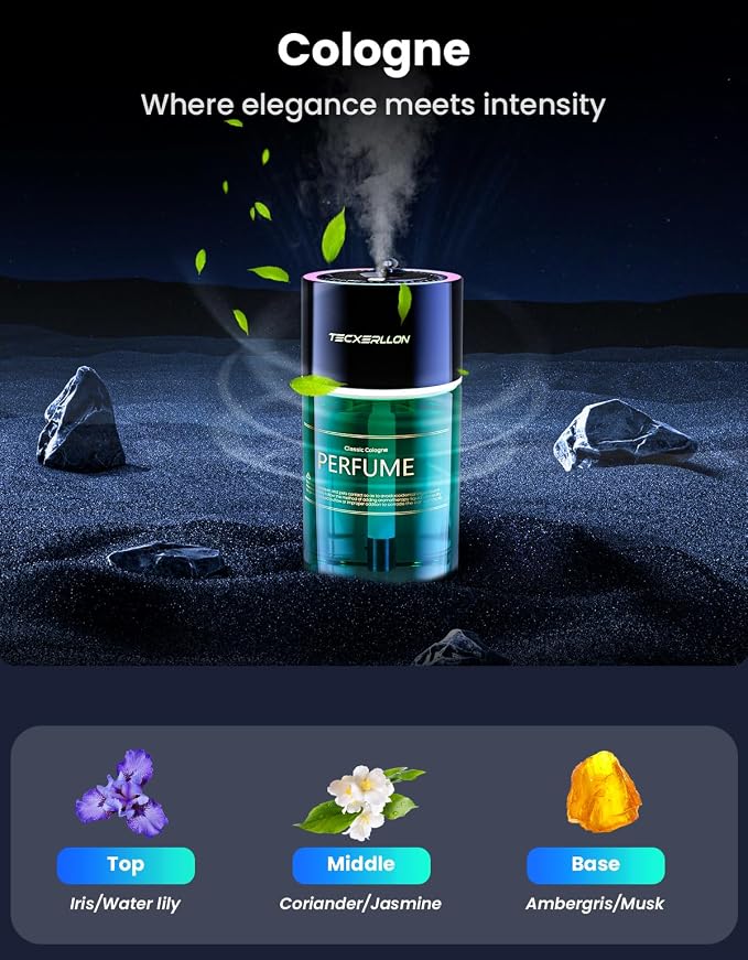 TECXERLLON Smart Car Air Freshener Diffuser with Star Light, 120ml Perfume, Long Lasting, Auto On/Off, 4 Mist Modes, Rechargeable Car Aroma Diffuser Aromatizante Para Carro for Home, Office-Cologne