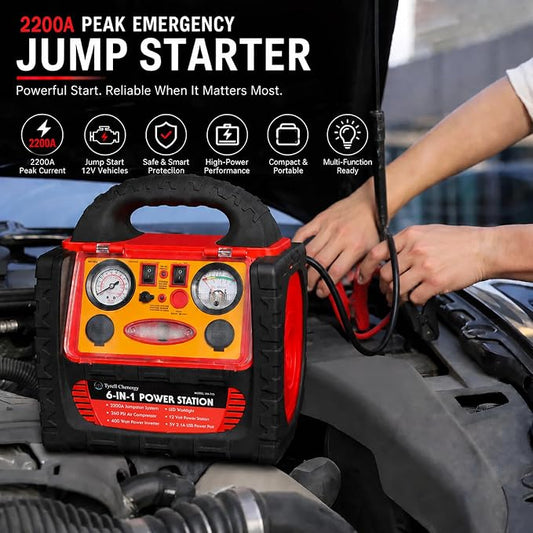 2200 Amp Car Jump Starter with Air Compressor,Portable Power Station with 260 PSI Tire Inflator,400W Power Inverter Dual AC/DC Ports,2.1A USB Port,Battery Clamps