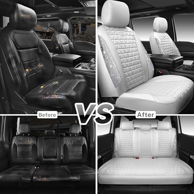 CAR PASS All White Bling Diamond Leather Car Seat Covers Full Sets,Waterproof Shining Glitter Sparkly Crystal Universal Fit for Automotive Truck SUV Cute Women Girl Airbag Compatable,Sliver Rhinestone