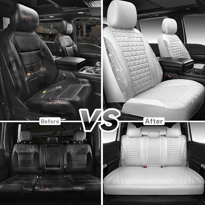 CAR PASS All White Bling Diamond Leather Car Seat Covers Full Sets,Waterproof Shining Glitter Sparkly Crystal Universal Fit for Automotive Truck SUV Cute Women Girl Airbag Compatable,Sliver Rhinestone