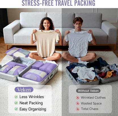 Veken 10 Set Packing Cubes for Travel Essentials,Anti-Wrinkle Buckled Suitcase Organizer for Shoe & Toiletry Bag,Carry On Luggage Bag with 99+ Count Mesh Holes for Airplane & College Dorm Accessories