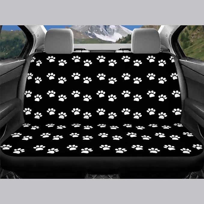 Paw Print Car Seat Covers Full Set,White Animal Pet Claws on Black Cute Animal Footprints Vehicle Front Rear Bench Cushion Protectors Auto Interior Accessories Universal Fit for Trucks Sedans