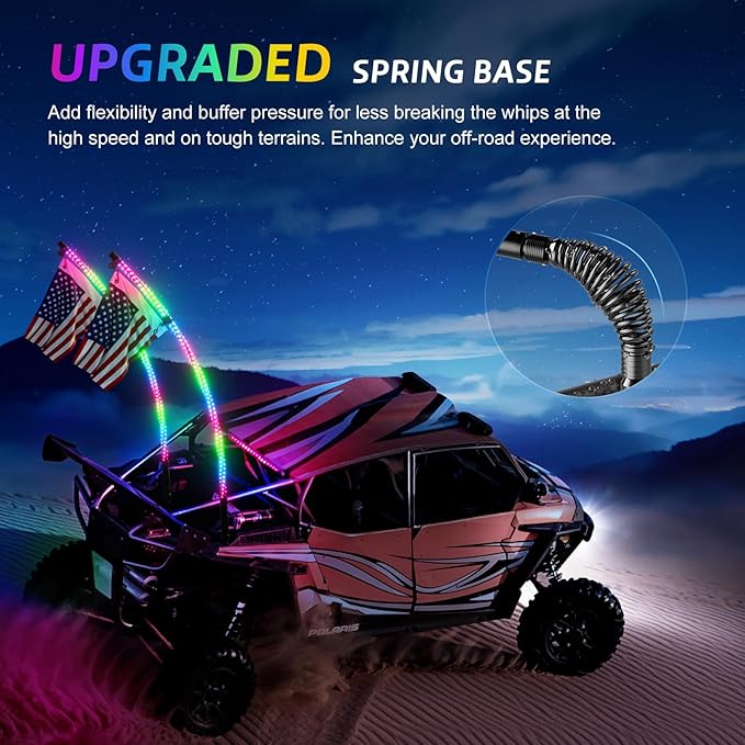 Ehaho 2 Pack 1FT LED Whip Lights With Spring Base, App & Remote Control, Spiral RGB Chasing Lighted Antenna, Music Light for UTV ATV RZR Can-Am SXS Offroad Polaris Truck