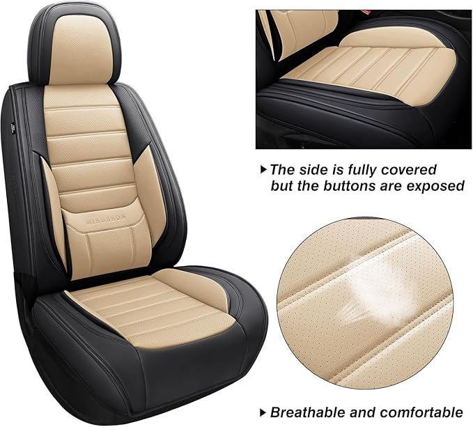 MINGBRON Seat Covers, Car Seat Covers Front Seats, Car Seat Cover, Car Seat Protector Waterproof, Car Seat Cushion Nappa Leather, Beige Seat Covers Carseat Cover Universal Fit for Most Cars