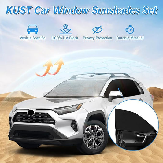 KUST Windshield Sun Shade Umbrella for Toyota RAV4 2019 2020 2021 2022 2023 2024 2025 Rear Window Shades 100% UV Protection and Blackout Privacy 5PCS Car Window Covers Accessories