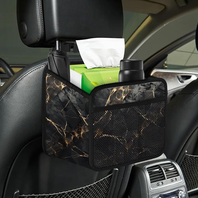 Car Backseat Organizer, PU Leather Back of Seat Cars Hanging Organizer with Pockets Leakproof Car Garbage Bag Hanging Cars Seat Storage Box Travel Accessories Foldable (Marble Black)
