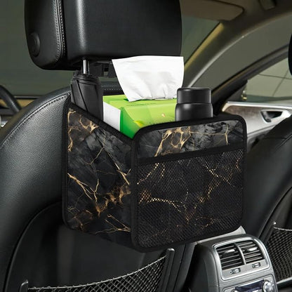 Car Backseat Organizer, PU Leather Back of Seat Cars Hanging Organizer with Pockets Leakproof Car Garbage Bag Hanging Cars Seat Storage Box Travel Accessories Foldable (Marble Black)