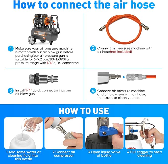 Aluminium Car Cleaning Gun Set with Tapered Nozzle, 6-9.2Bar High Pressure Air Blow Gun with 2 Set Nozzle, Pressure Air Blower Blow Gun Producing Powerful Blast of Air for Cleaning Cars, Velvet, etc
