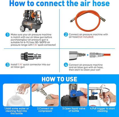 Aluminium Car Cleaning Gun Set with Tapered Nozzle, 6-9.2Bar High Pressure Air Blow Gun with 2 Set Nozzle, Pressure Air Blower Blow Gun Producing Powerful Blast of Air for Cleaning Cars, Velvet, etc