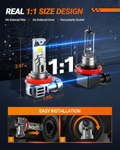 SEALIGHT S1-Pro H11/H8/H9 Fog & Light Bulbs, 40000LM 6500K White H11 Lights, 1600FT Beam, IP67 Waterproof with Fan, 2-Pack for ATV/SUV