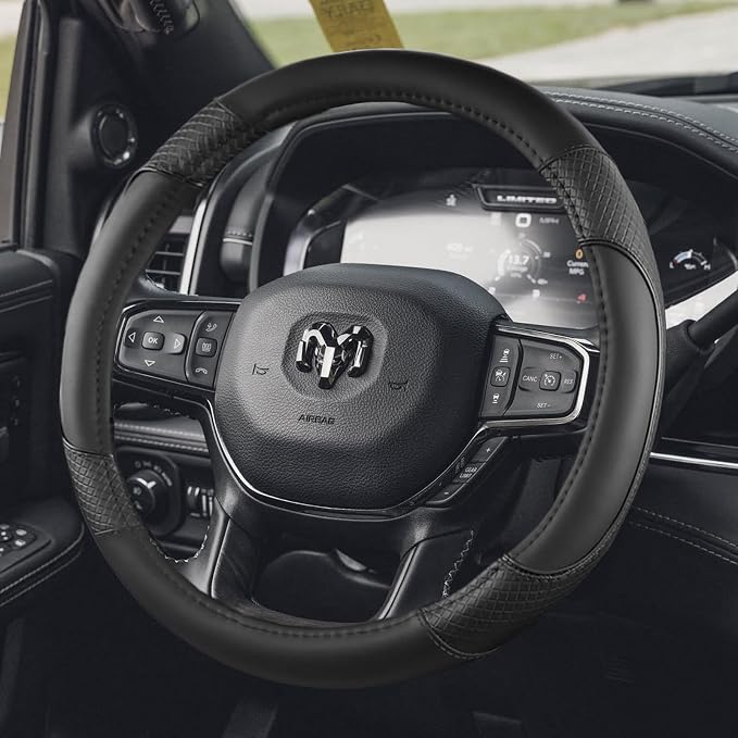 Steering Wheel Cover for Dodge RAM 1500, 2500, 3500 - Premium Microfiber Leather Auto Car Accessory with Non-Slip Grip, Rugged Durability & Interior Upgrade, 15.5-16 inch (Black-Large Size)