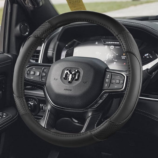 Steering Wheel Cover for Dodge 1989-2011 RAM 1500 2500 3500, Charger, Durango, Challenger - Rugged Durability & Interior Upgrade for Dodge 14.5-15 inch (Black-Standard Size)