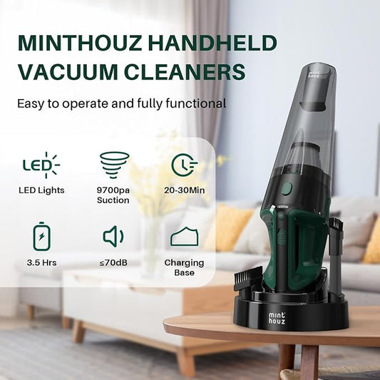 Minthouz Handheld Vacuum Cordless, Strong Suction Car Vacuum Cleaner with LED Light, Long Runtime Hand Vacuum Cordless Rechargeable, Hand Held Vac with Charging Base for Home/Car/Pet/Office