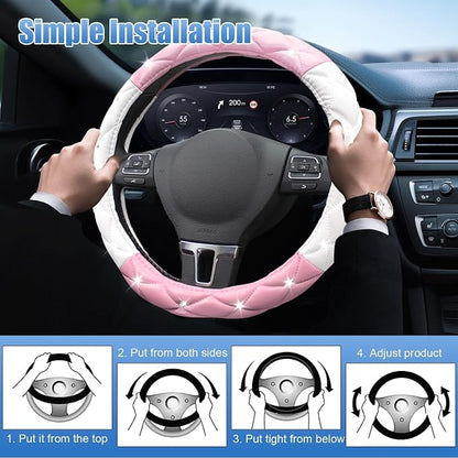 SuperKaKa Pink Steering Wheel Cover, Auto Cute Girly Car Interior Accessories Coquette Aesthetic Decoration Stuff