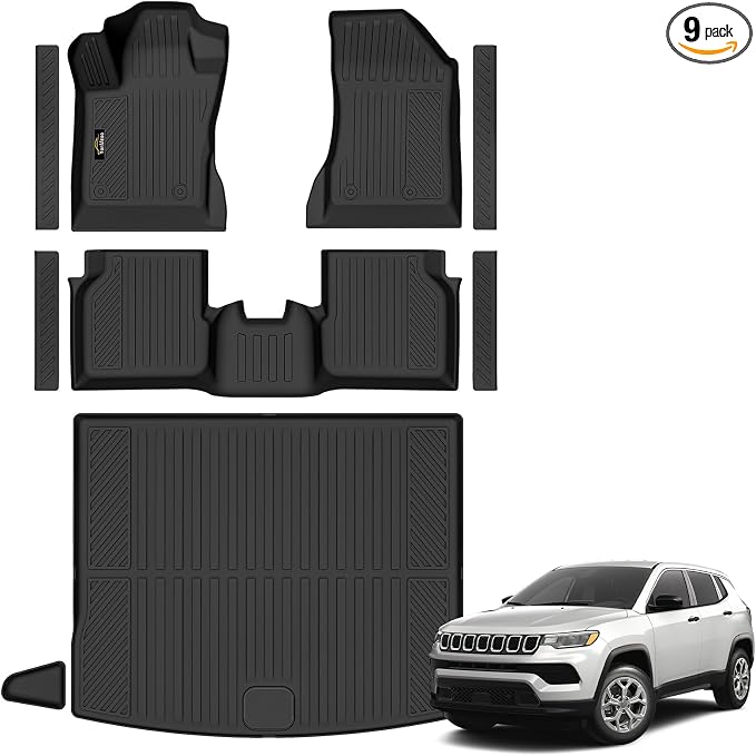 Floor Mats & Cargo Liner Custom Fit for Jeep Compass 2017-2025 2026, Door Sill Guards, All Weather TPE Rubber Anti-Slip 1st & 2nd Row & Trunk Mat Floor Liners for Compass 2025 Accessories
