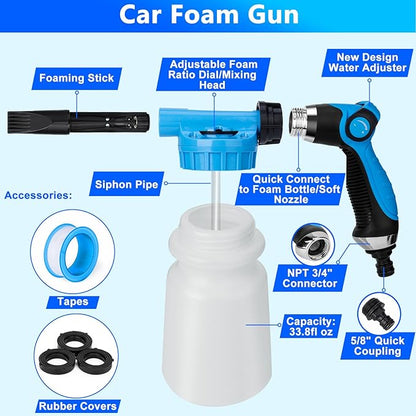 THINKWORK Car Wash Kit, Car Detailing Kit with Foam Gun, Car Wash Brush Mop and Large Folding Bucket Suitable for Car Cleaning, Blue Car Wash Set Gift for Men and Women