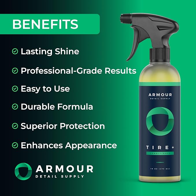 Armour Detail Supply Tire+, Advanced Water-Based Tire Shine Spray for Lasting Shine, All Tire Spray, Durable and Hydrophobic - 1 Gallon Bottle