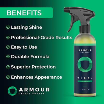 Armour Detail Supply Tire+, Advanced Water-Based Tire Shine Spray for Lasting Shine, All Tire Spray, Durable and Hydrophobic - 1 Gallon Bottle