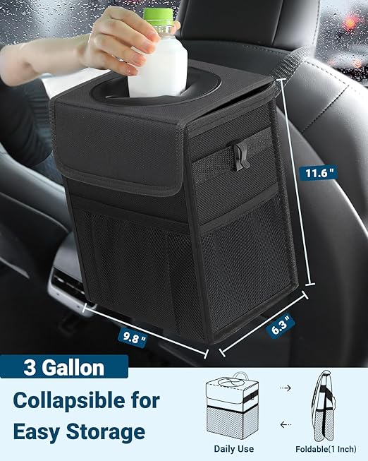 Capolo Car Trash Can with Lid, Leakproof Car Trash Bag Hanging Waterproof Automotive Garbage Can with Storage Pockets Mini Vehicle Trash Bin for Back/Front Seat(Black,3 Gallon)