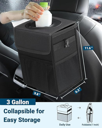 Capolo Car Trash Can with Lid, Leakproof Car Trash Bag Hanging Waterproof Automotive Garbage Can with Storage Pockets Mini Vehicle Trash Bin for Back/Front Seat(Black,3 Gallon)