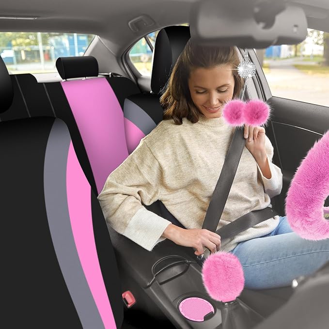 ROCEEI 43 Pcs Pink and Black Car Seat Cover Full Set for Women Christmas Fuzzy Car Accessories Fluffy Steering Wheel Cover Front Rear & Belt Handbrake Shift Accessory for Winter