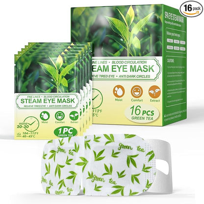 16 Packs Steam Eye Masks for Dry Eyes, Green Tea Warm Eye Mask, Relief Eye Fatigue & Puffy Eyes, Moist Heating Compress for Eyes, Self Heated Eye Mask, Disposable Travel Essentials & Relaxation Sets