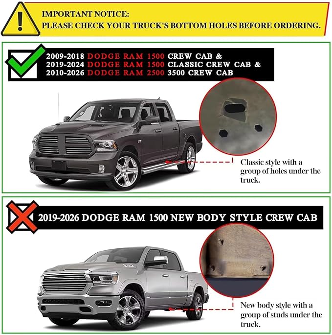 COMNOVA 6 Inches Running Boards Compatible with 2009-2018 Dodge Ram 1500 Crew Cab(Including 2019-2024 Classic), 2010-2026 Ram 2500 3500, Carbon Steel Side Steps.