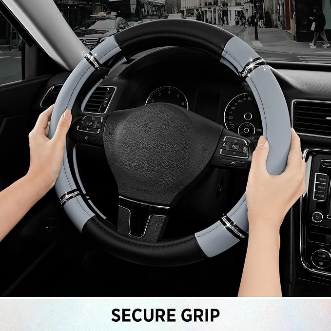 Road Comfort Leather Steering Wheel Cover – Premium Anti-Slip Car Steering Wheel Grip Cover – Universal Fit for 14.5”–15” Cars, Trucks & SUVs - Gray