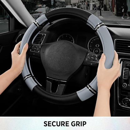 Road Comfort Leather Steering Wheel Cover – Premium Anti-Slip Car Steering Wheel Grip Cover – Universal Fit for 14.5”–15” Cars, Trucks & SUVs - Gray