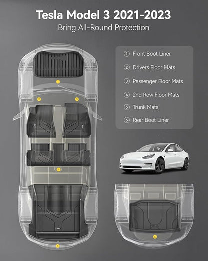 3W Tesla Model 3 Floor Mats and Trunk Mat, All-Weather TPE Floor Liner Compatible for Tesla Model 3 2021-2023, Full Set Black Floor Mats and Cargo Liner Mat Custom Fit