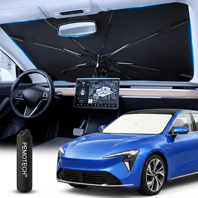PEMOTech【for Chevrolet Spark/Sonic; MINI Cooper and Sports Cars & Coupes】Umbrella Windshield Sun Shade | Quick-Install Reliable UV Blocker&Heat Shield | Versatile Sun shade for Windshield (49"X25.6")