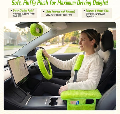 5 Pcs Fuzzy Green Car Accessories Set, Soft Fluffy Plush Steering Wheel Cover, Center Console Armrest Pad & Rearview Mirror Cover - Interior Decorations for Women,Universal Fit (Green)