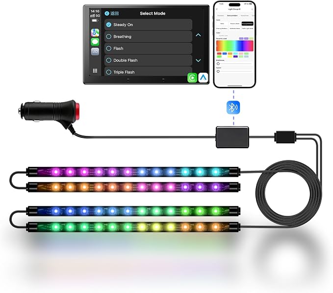 Car LED Lights Interior, 16M Colors APP & CarPlay Control, Music Sync Ambient Lighting Kit, Auto-On/Off，Voltage Protection, Brightness Dimmer 12V DC LED Strip Lights for Car, Truck, SUV
