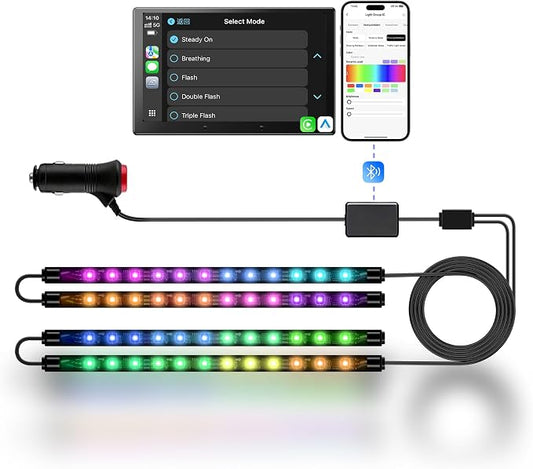 Car LED Lights Interior, 16M Colors APP & CarPlay Control, Music Sync Ambient Lighting Kit, Auto-On/Off，Voltage Protection, Brightness Dimmer 12V DC LED Strip Lights for Car, Truck, SUV