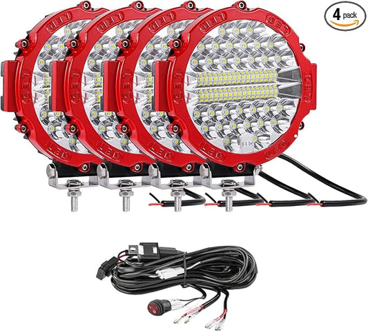 LED Off Road Driving Lights 7 Inch Round Tractor LED Lights Pods 201W 12V 24V 15000Lumen 6500K Bumper Fog Flood Spot Work Light Bar with Wiring Harness for SUV ATV UTV Truck 4Pack