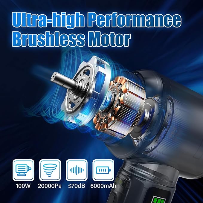 WUDOO 4-in-1 Car Vacuum Cleaner Portable Cordless Dust Remover 20,000 Pa Brushless Motor Powerful Handheld Wireless Charging Vacuum Cleaner LED Light, Multi-Nozzles for Car, Home, Office, Pet
