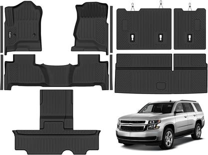 Floor Mats for 2015-2020 Chevrolet Tahoe/GMC Yukon 7 Seat Bucket Seats, Trunk Mat and 2nd/3rd Backrest Mat & Door Sill Guard All Weather TPE Protector for Chevy Tahoe Accessories